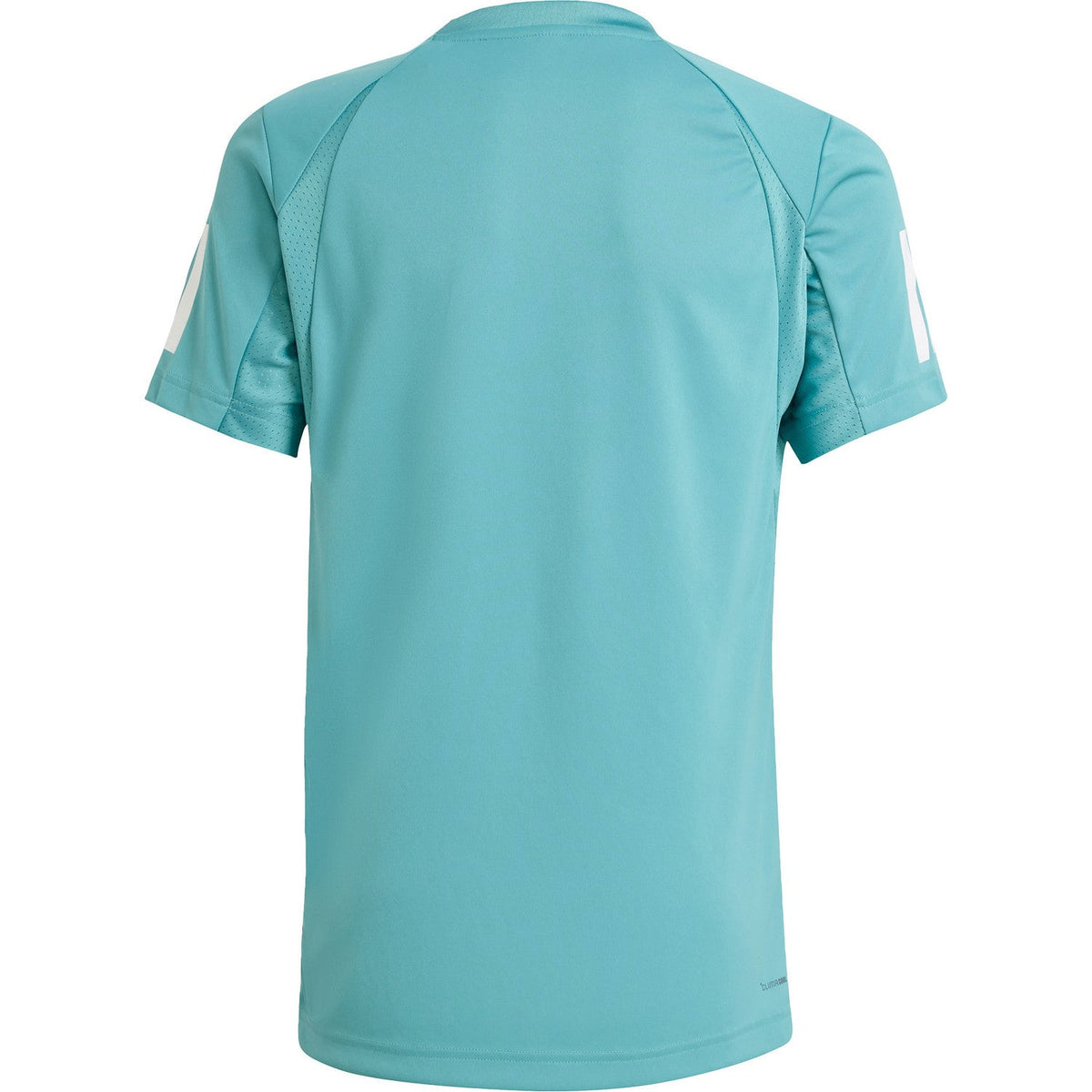 Achteraanzicht van het turquoise Adidas Boys Club T-shirt met witte strepen op beide schouders