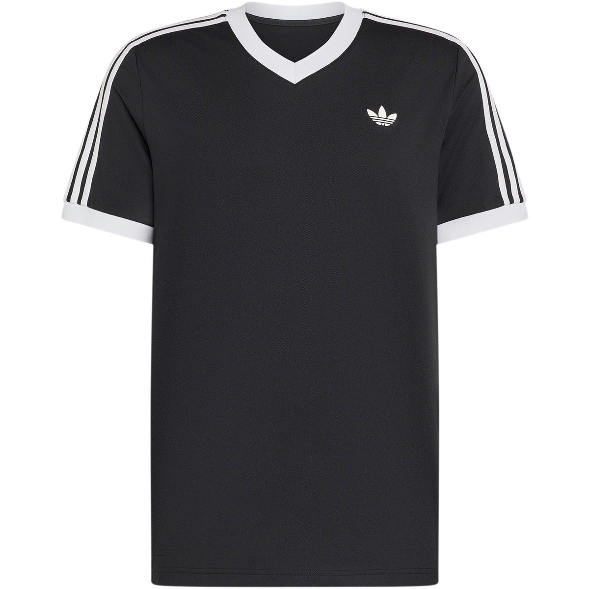 Zwart Adidas Classics T-shirt met witte V-hals en strepen, plat vooraanzicht