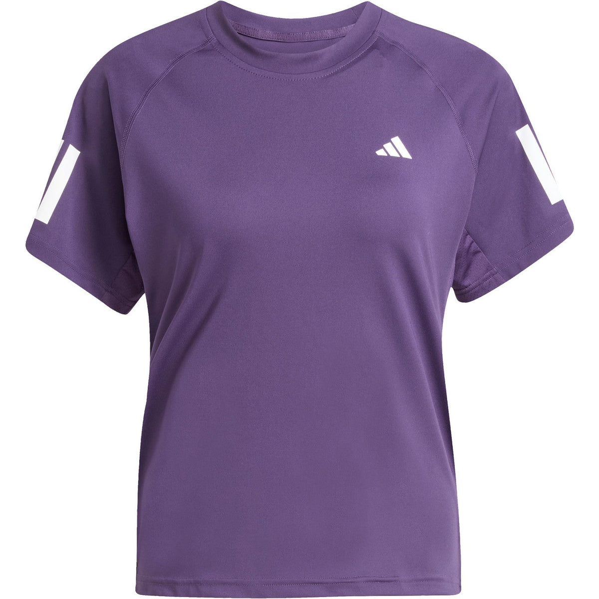 Vooraanzicht van het paarse Adidas Club T-shirt met witte strepen op beide mouwen