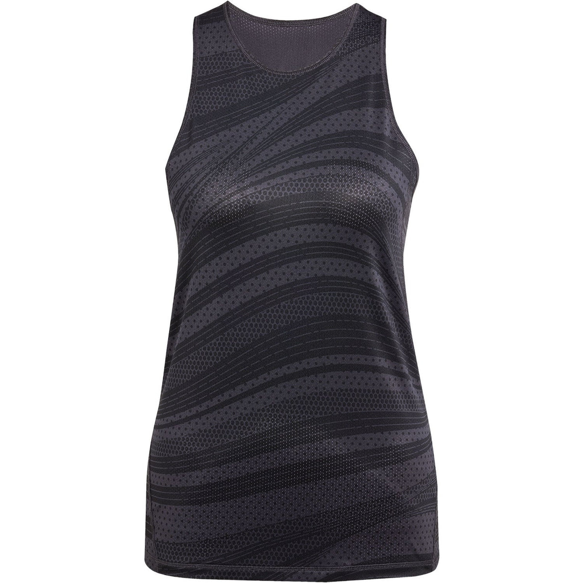 Vooraanzicht van de donkergrijze Adidas Club Graphic Tank met golvend streepdessin