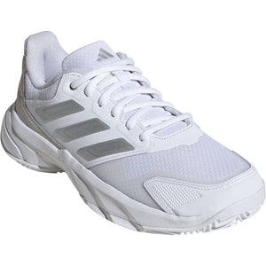 Binnenzijde van de witte Adidas Courtjam Control 3 W CL met zilveren strepen
