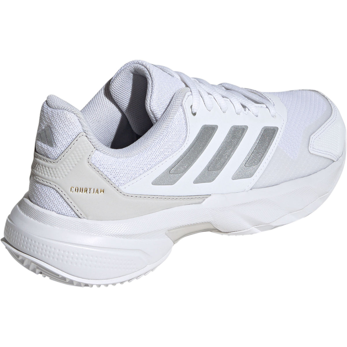 Schuin achteraanzicht van de witte Adidas Courtjam Control 3 W CL