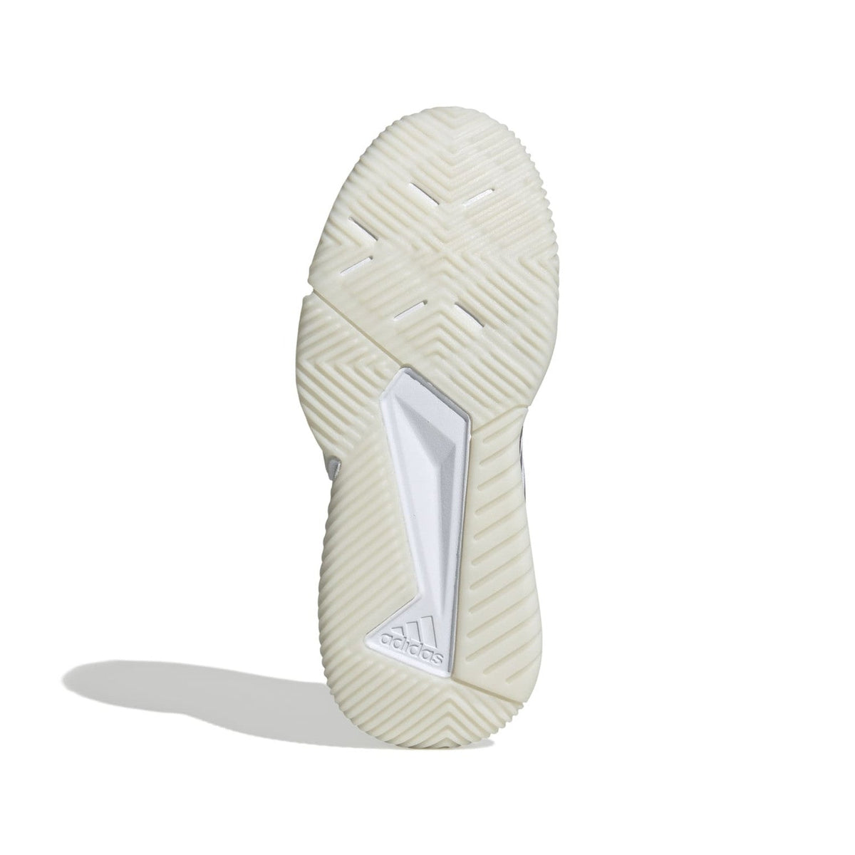 Smalle cremekleurige zool van de Adidas Courtquick W met vlak profiel