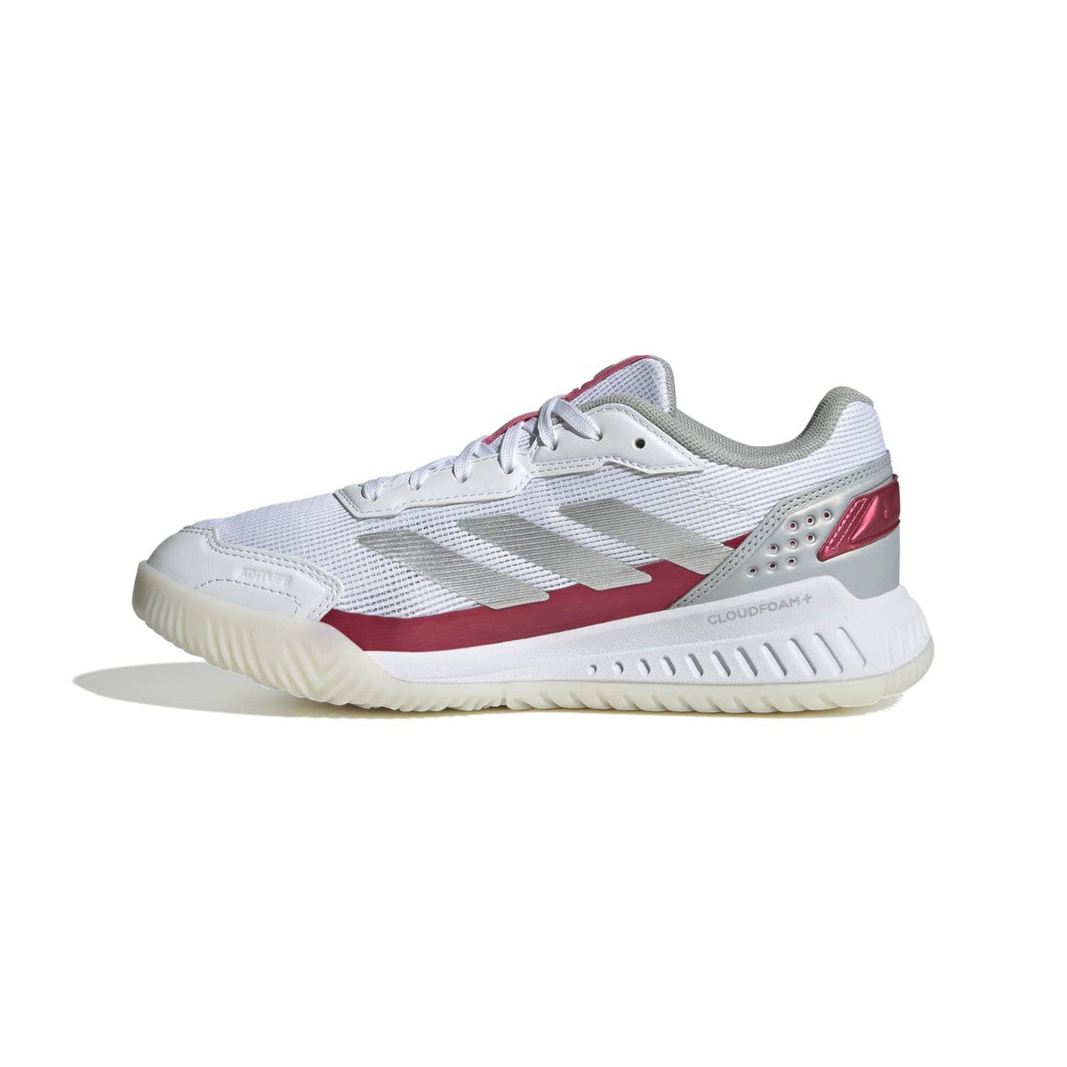 Binnenzijde van de witte Adidas Courtquick W met rode streep langs de zool