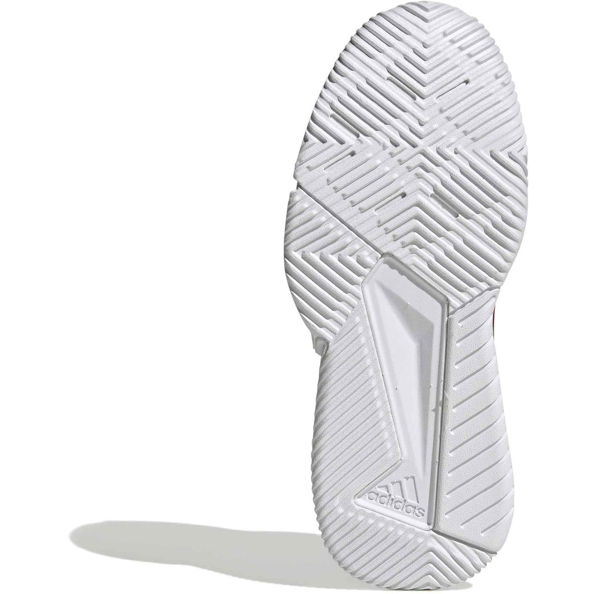 Onderkant van de witte Adidas Courtquick W met vlak zoolprofiel