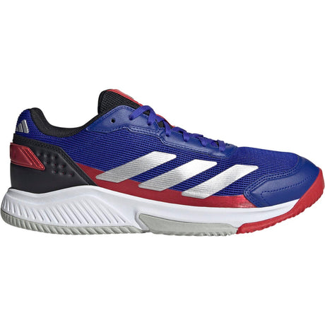 Adidas Courtquick in blauw met rood en zilveren strepen, zijaanzicht buitenkant