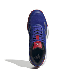 Bovenaanzicht van de blauwe Adidas Courtquick met blauwe veters en rood label