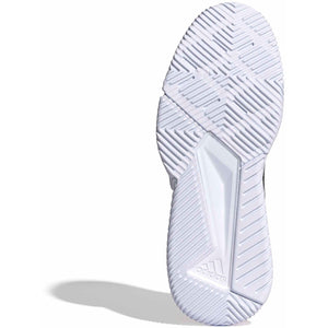Onderzijde van de witte Adidas Courtquick met glad zoolprofiel