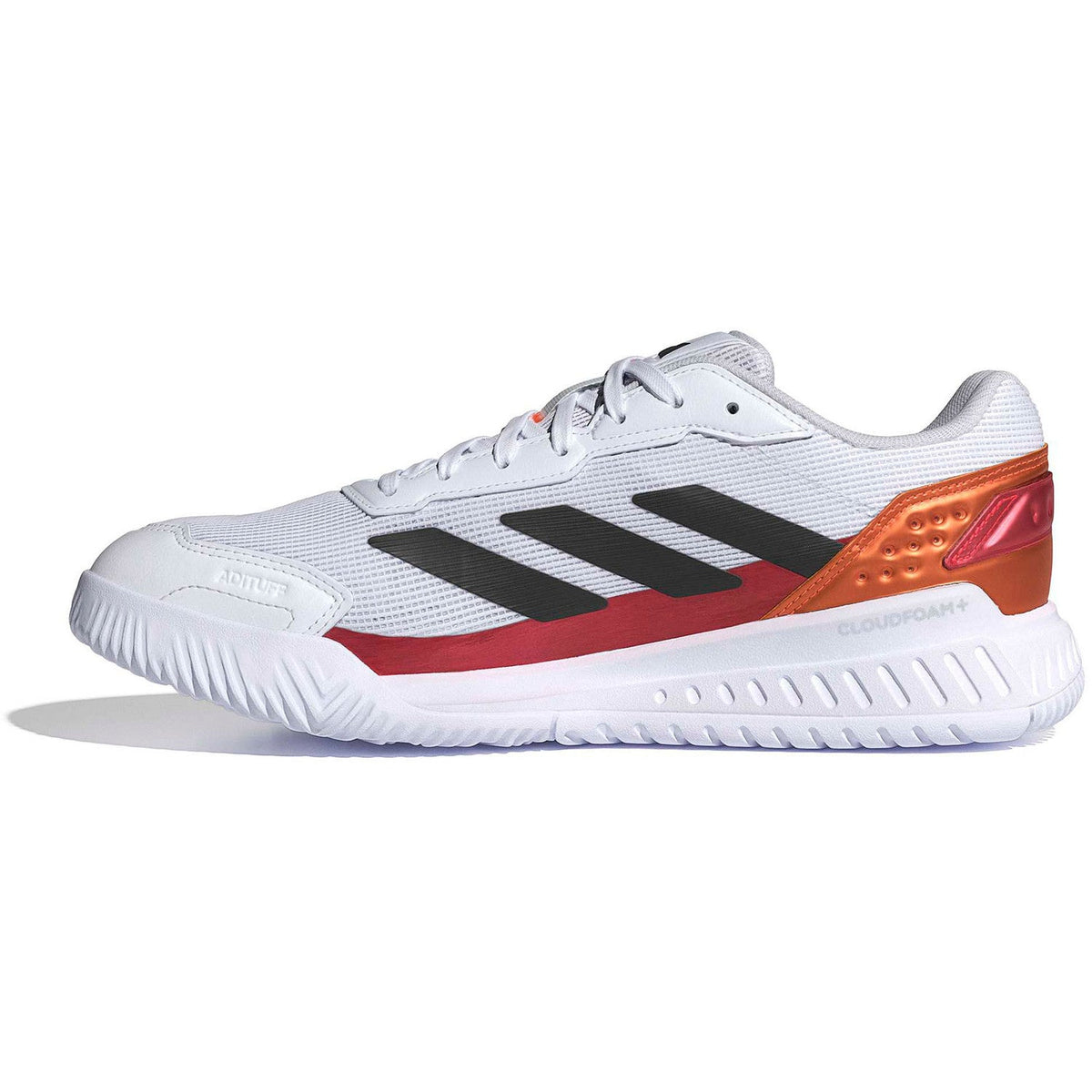 Binnenzijde van de witte Adidas Courtquick met oranje streep langs de zool