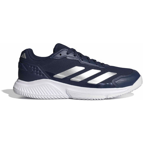 Adidas Courtquick in donkerblauw met zilveren strepen, zijaanzicht buitenkant