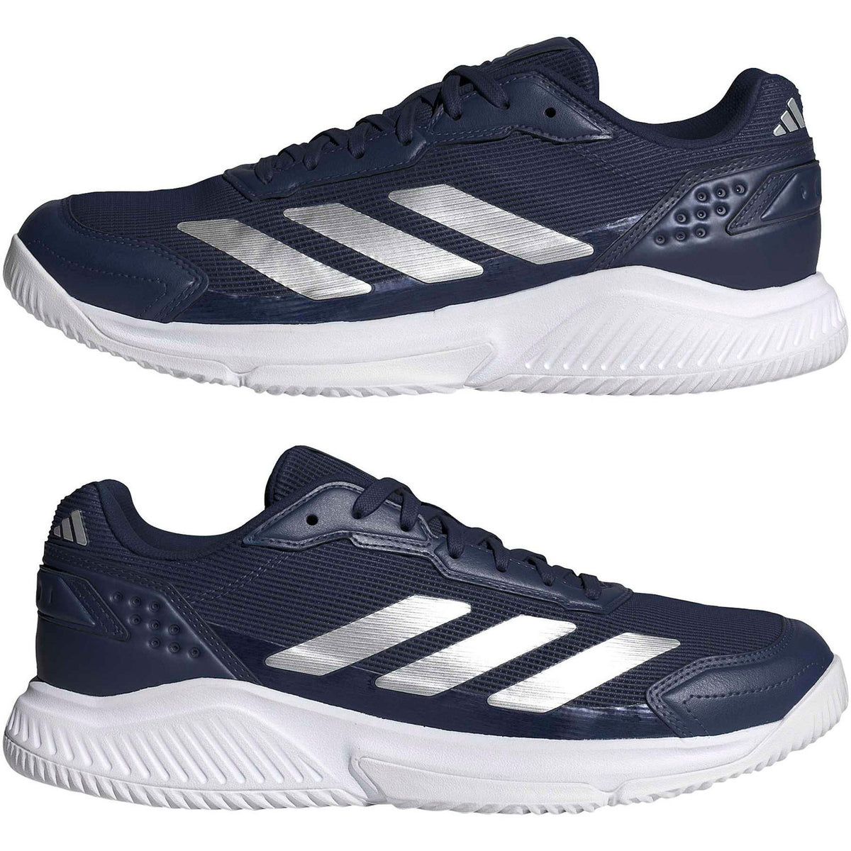 Paar Adidas Courtquick padelschoenen in donkerblauw met zilveren strepen