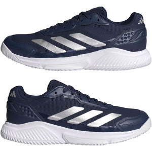Paar Adidas Courtquick padelschoenen in donkerblauw met zilveren strepen