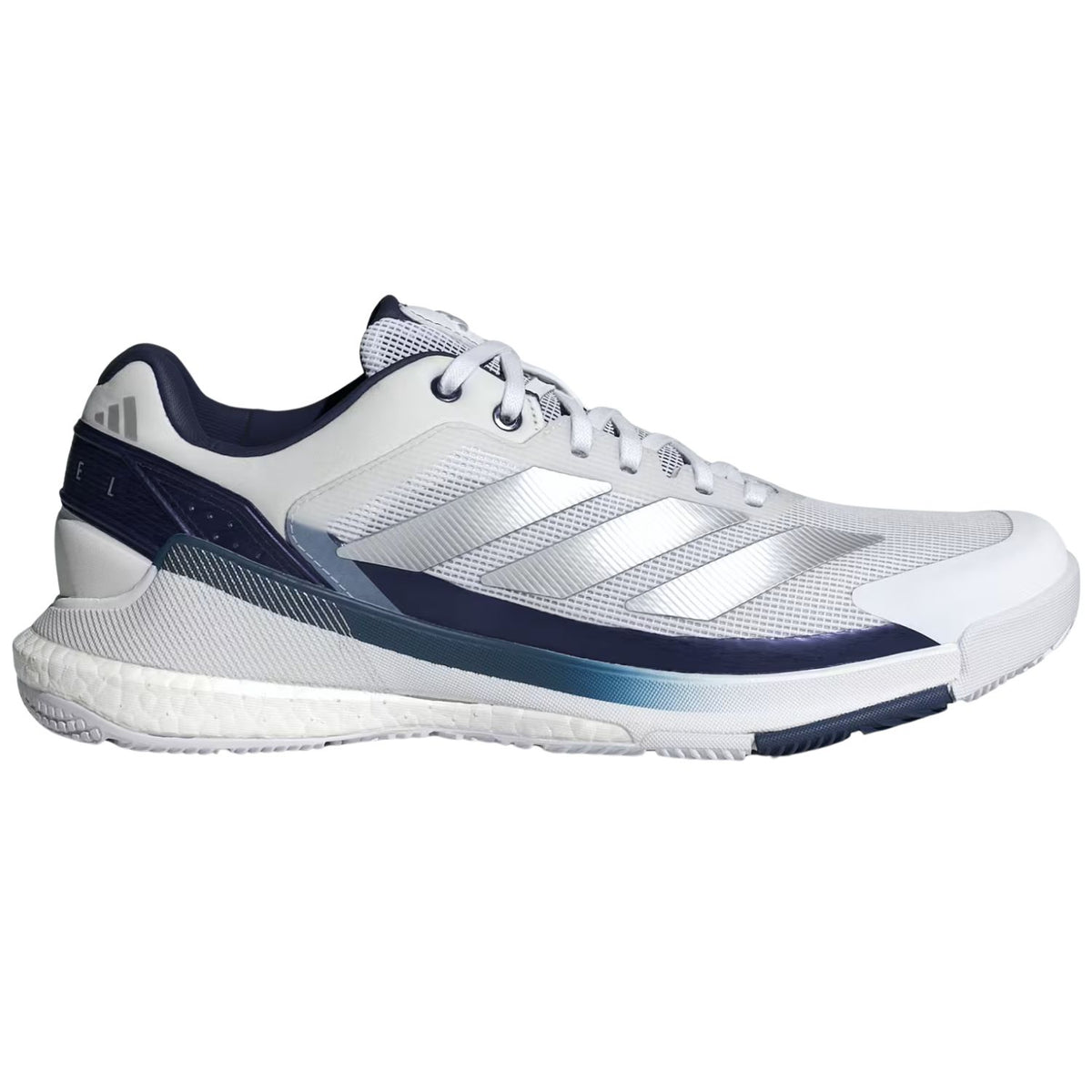 Adidas Crazyquick Boost padelschoen in wit met donkerblauw, zijaanzicht buitenkant