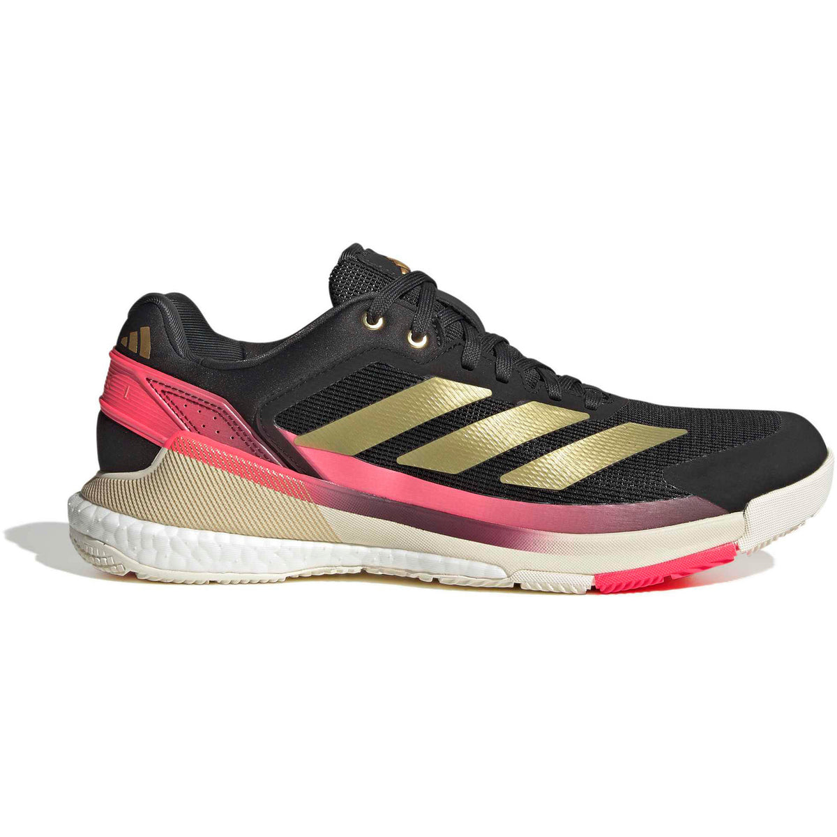 Adidas Crazyquick Boost in zwart met goud en roze, zijaanzicht buitenkant