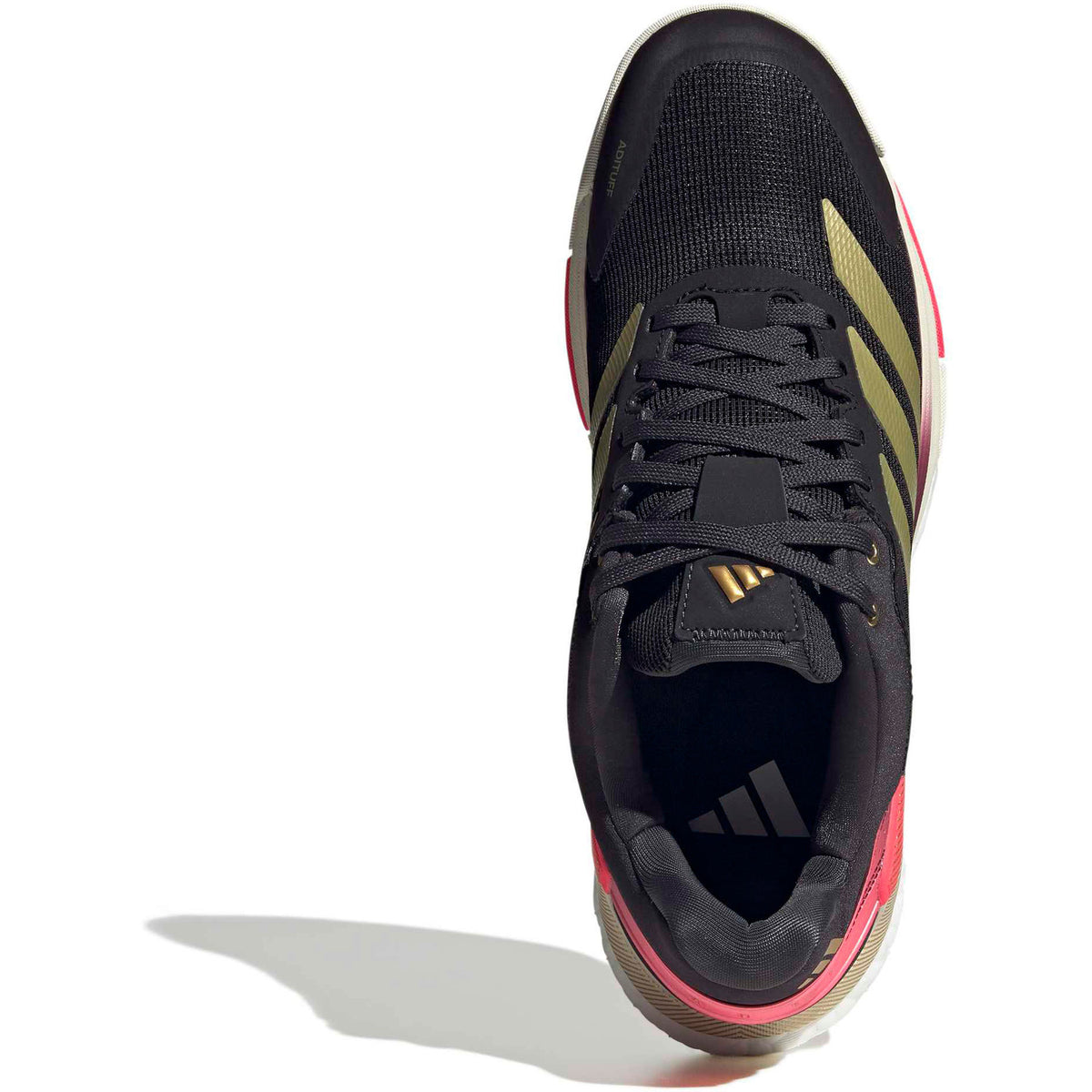 Bovenaanzicht van de zwarte Adidas Crazyquick Boost met gouden adidas-logo