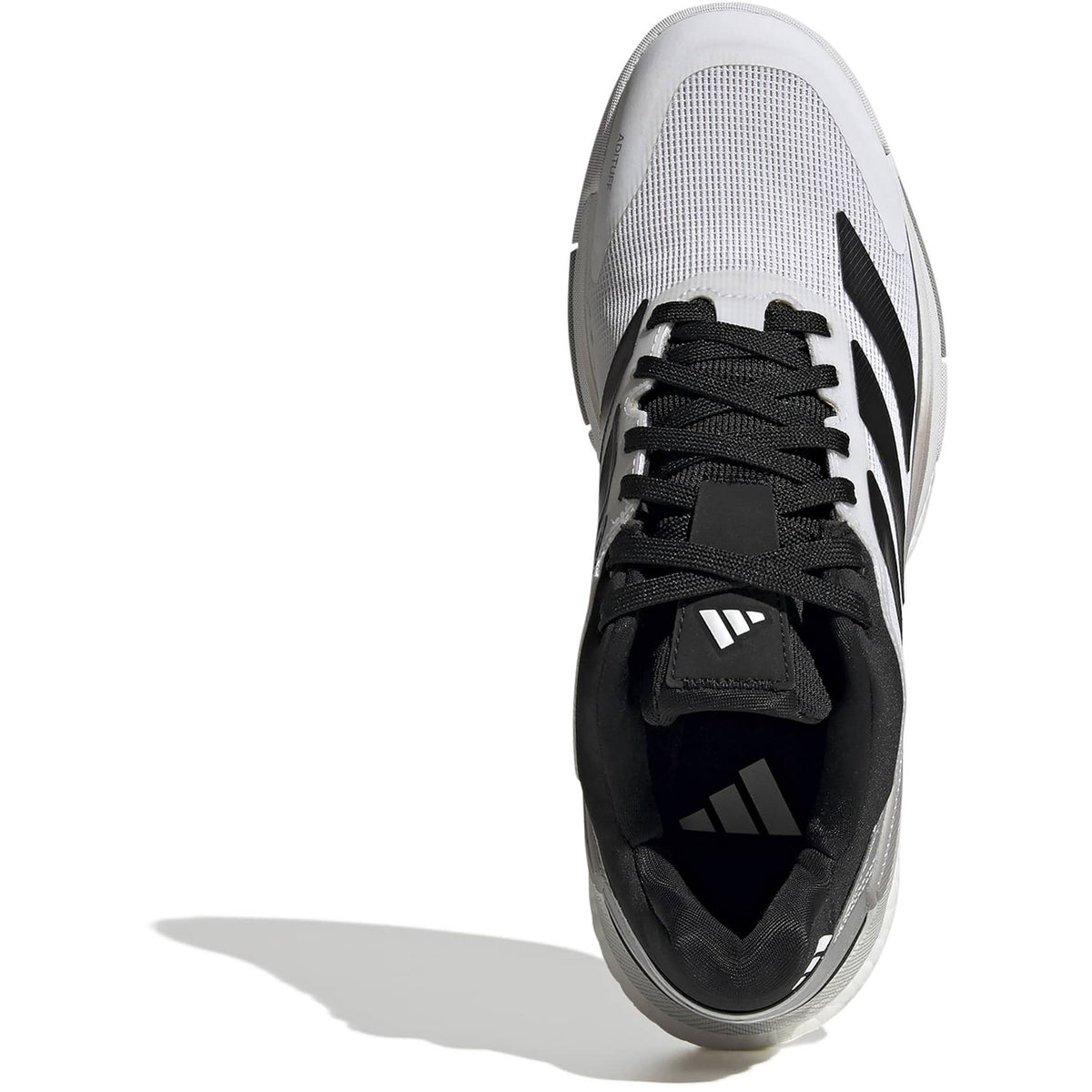 Bovenaanzicht van de witte Adidas Crazyquick Boost met zwarte tong en veters