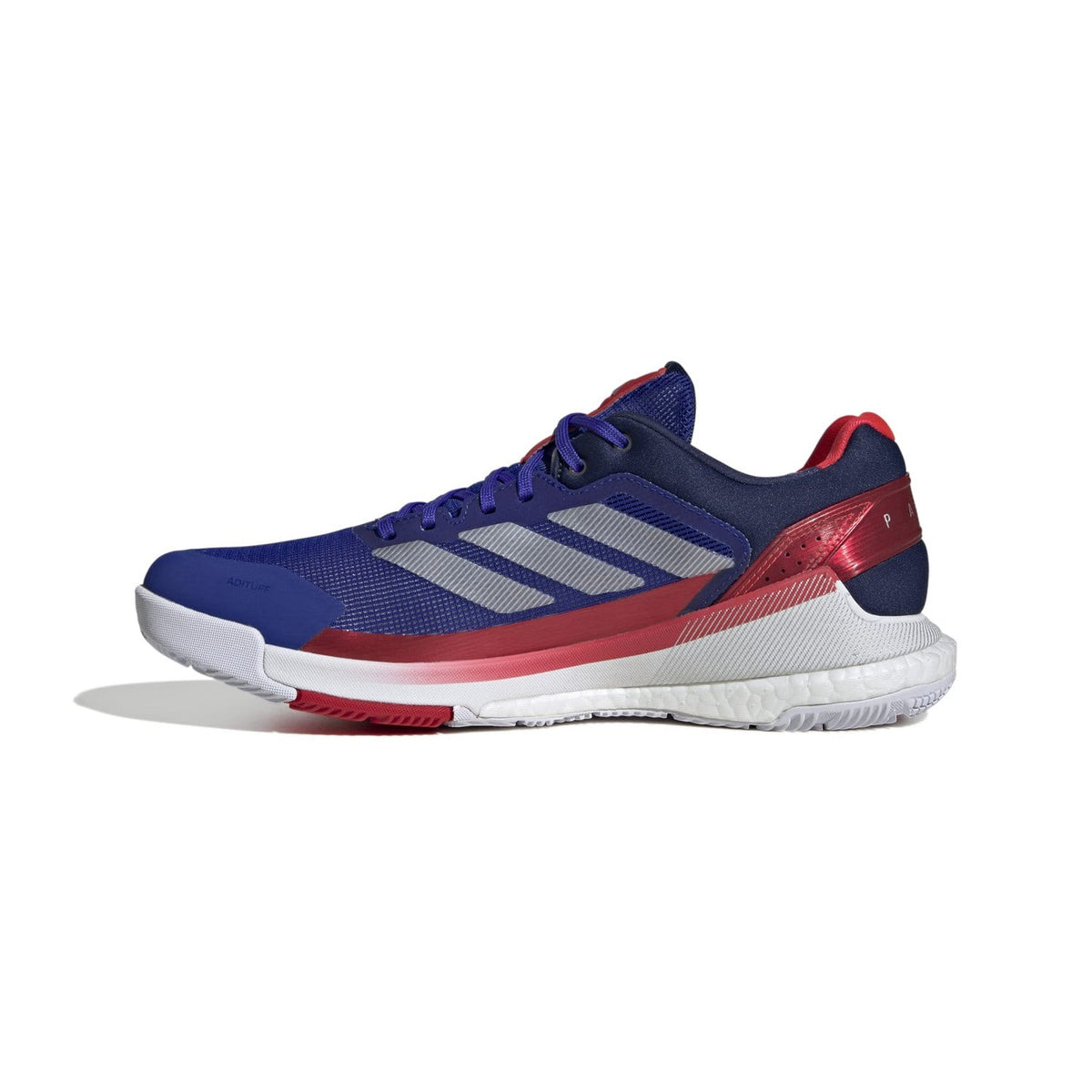 Binnenzijde van de blauwe Adidas Crazyquick Boost met rode streep langs de zool