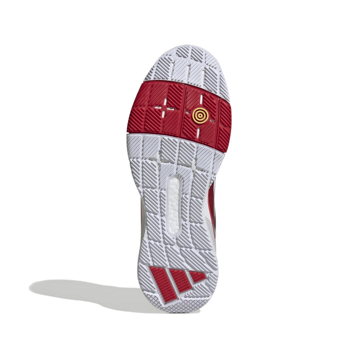 Witte zool van de Adidas Crazyquick Boost met rood draaipunt onder de voorvoet