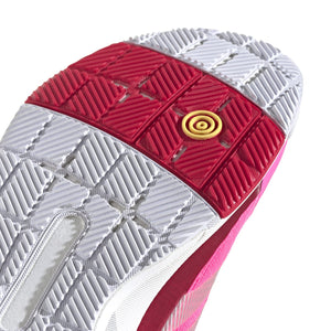 Close-up van het rood-witte zoolprofiel van de Adidas Crazyquick LS W