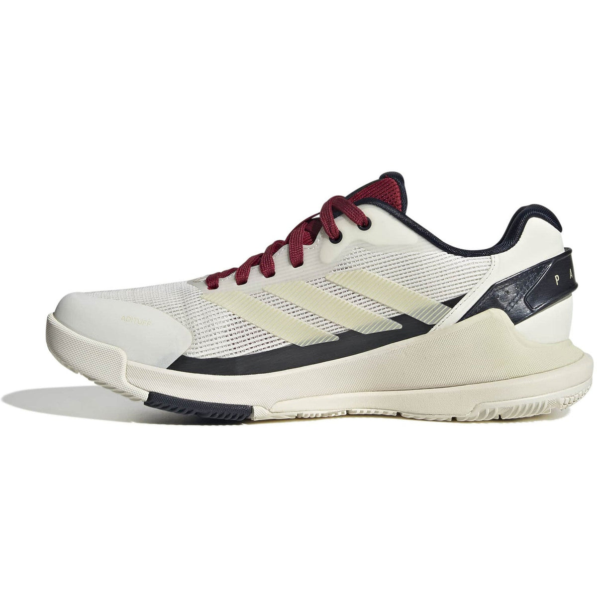 Binnenzijde van de cremekleurige Adidas Crazyquick LS W met donkerblauwe hiel
