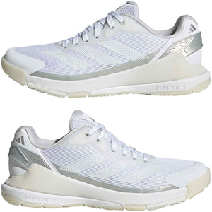 Paar witte Adidas Crazyquick LS W damespadelschoenen met zilveren details