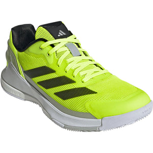 Schuin vooraanzicht van de neongele Adidas Crazyquick LS met zilveren tussenzool