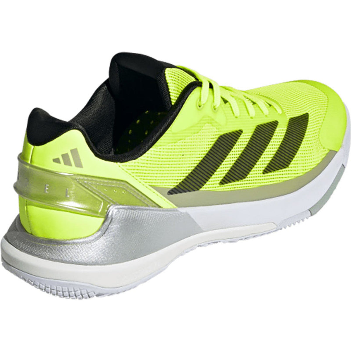 Neongele Adidas Crazyquick LS met zilveren hielpartij, schuin achteraanzicht