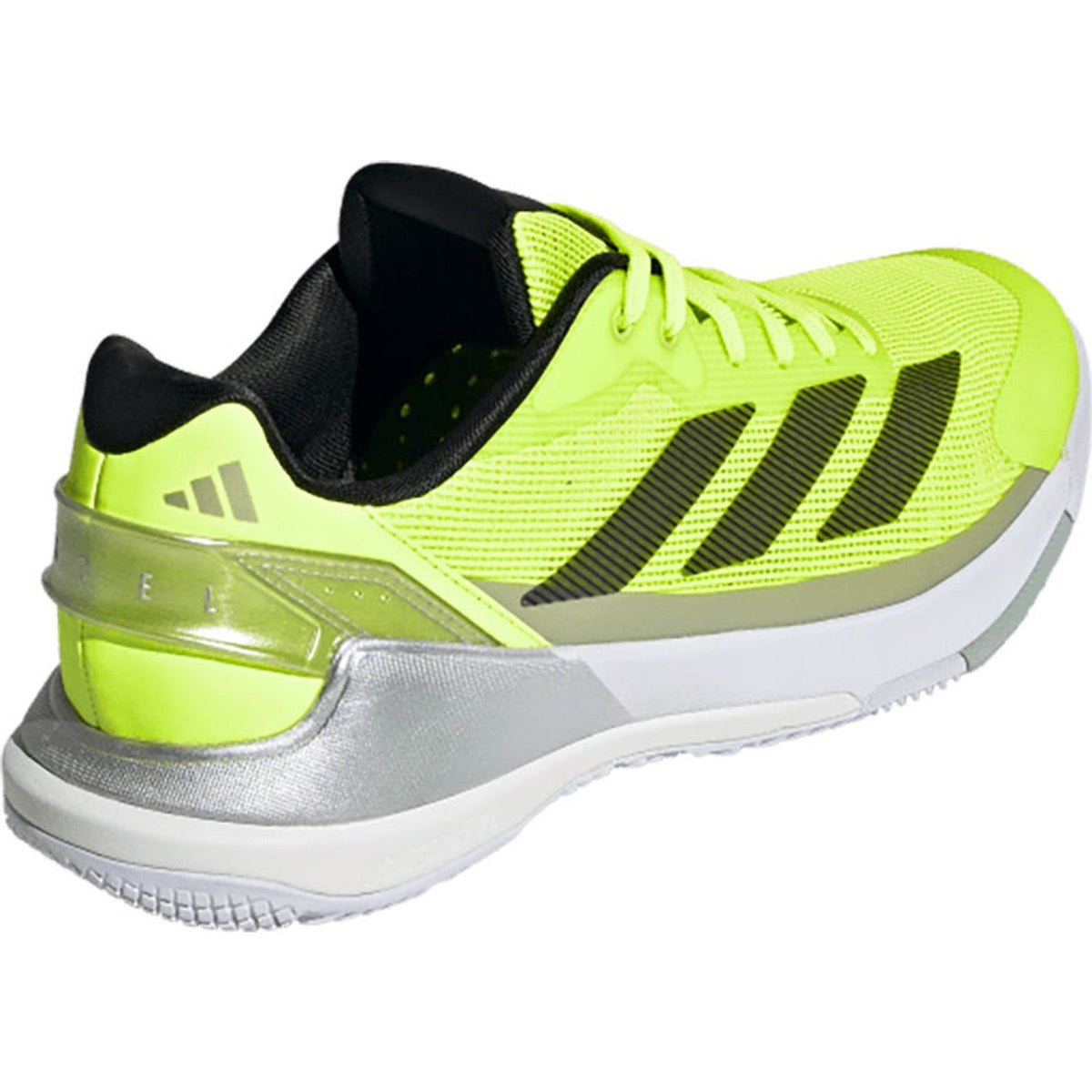 Adidas Crazyquick LS Lime/Black - schuin achteraanzicht, neongeel bovenwerk met zwarte 3-Stripes, zilveren hielpartij en witte tussenzool