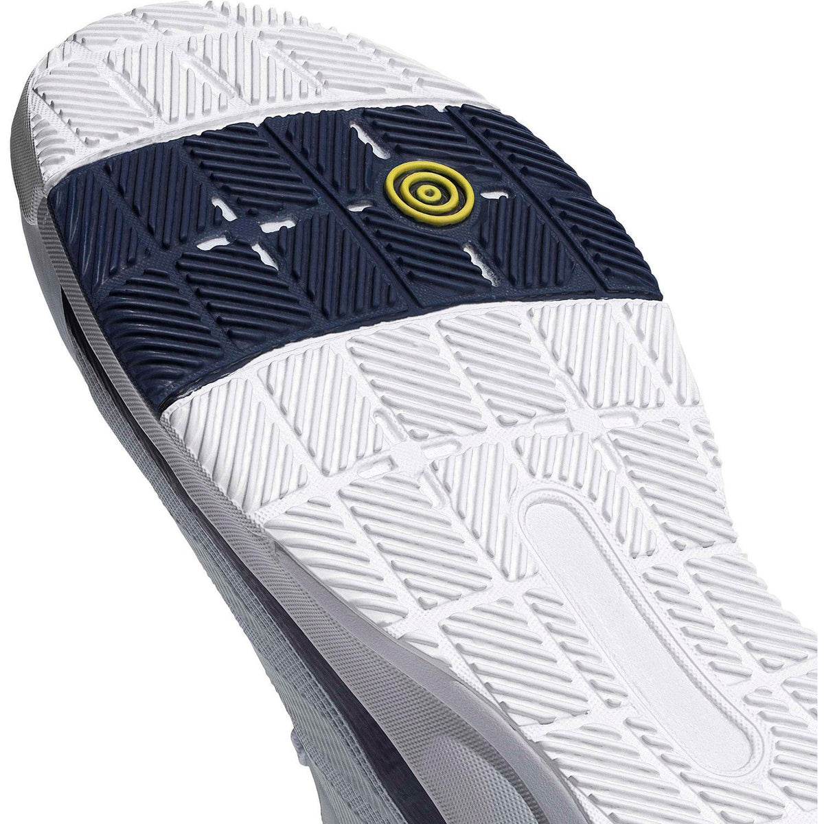 Close-up van het donkerblauwe zoolprofiel van de Adidas Crazyquick LS