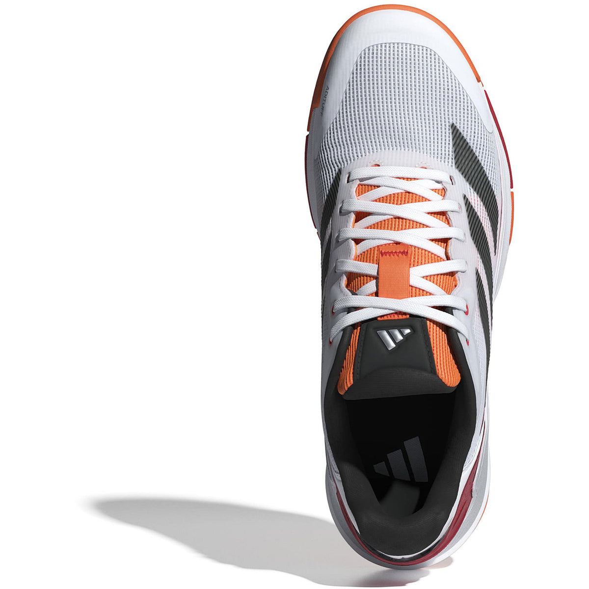 Bovenaanzicht van de witte Adidas Crazyquick LS met oranje veters en zwarte tong