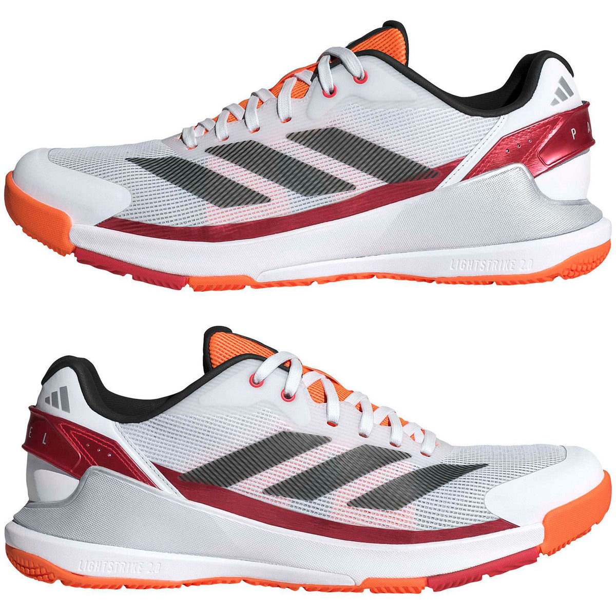 Twee Adidas Crazyquick LS padelschoenen in wit met rode en oranje accenten