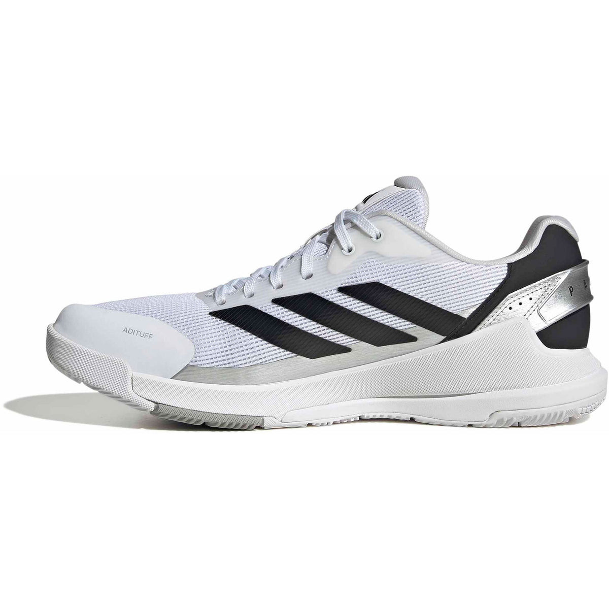 Witte Adidas Crazyquick LS met zwarte hielpartij, zijaanzicht vanaf de binnenkant