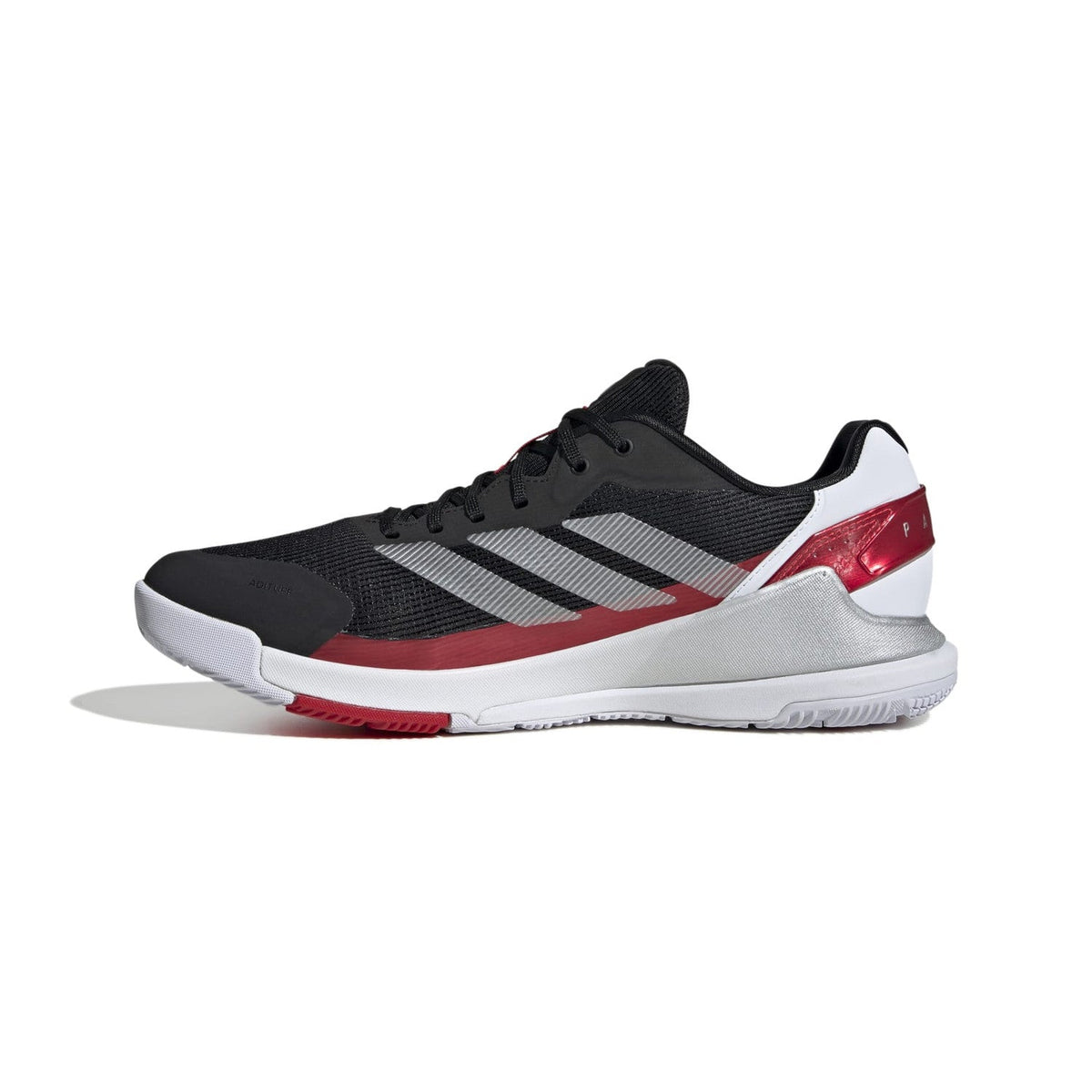 Witte Adidas Crazyquick LS met zwarte hiel en zilveren strepen, zijaanzicht