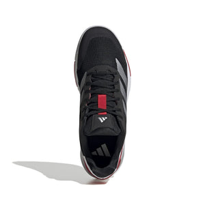 Bovenaanzicht van de zwarte Adidas Crazyquick LS met rode streep op de tong