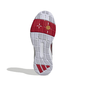 Smalle zool van de witte Adidas Crazyquick LS met rood draaipunt