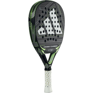 Adidas Cross It Carbon 3.5 padelracket schuin vooraanzicht, hybridevorm in zwart met limegroen
