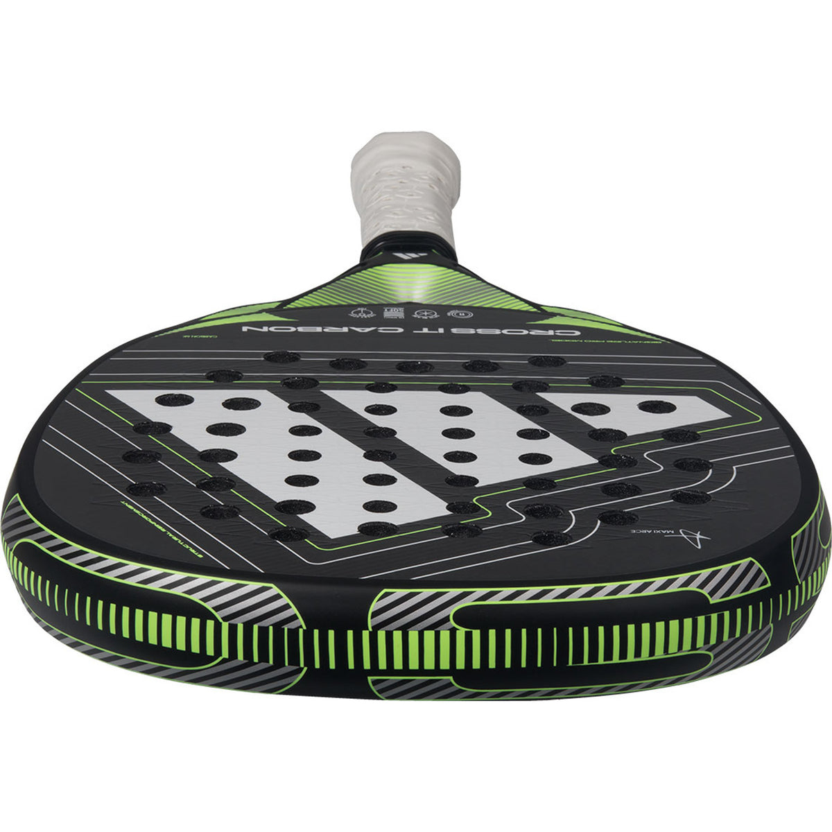 Bovenaanzicht van het Adidas Cross It Carbon 3.5 padelracket met limegroene opdruk op de framerand