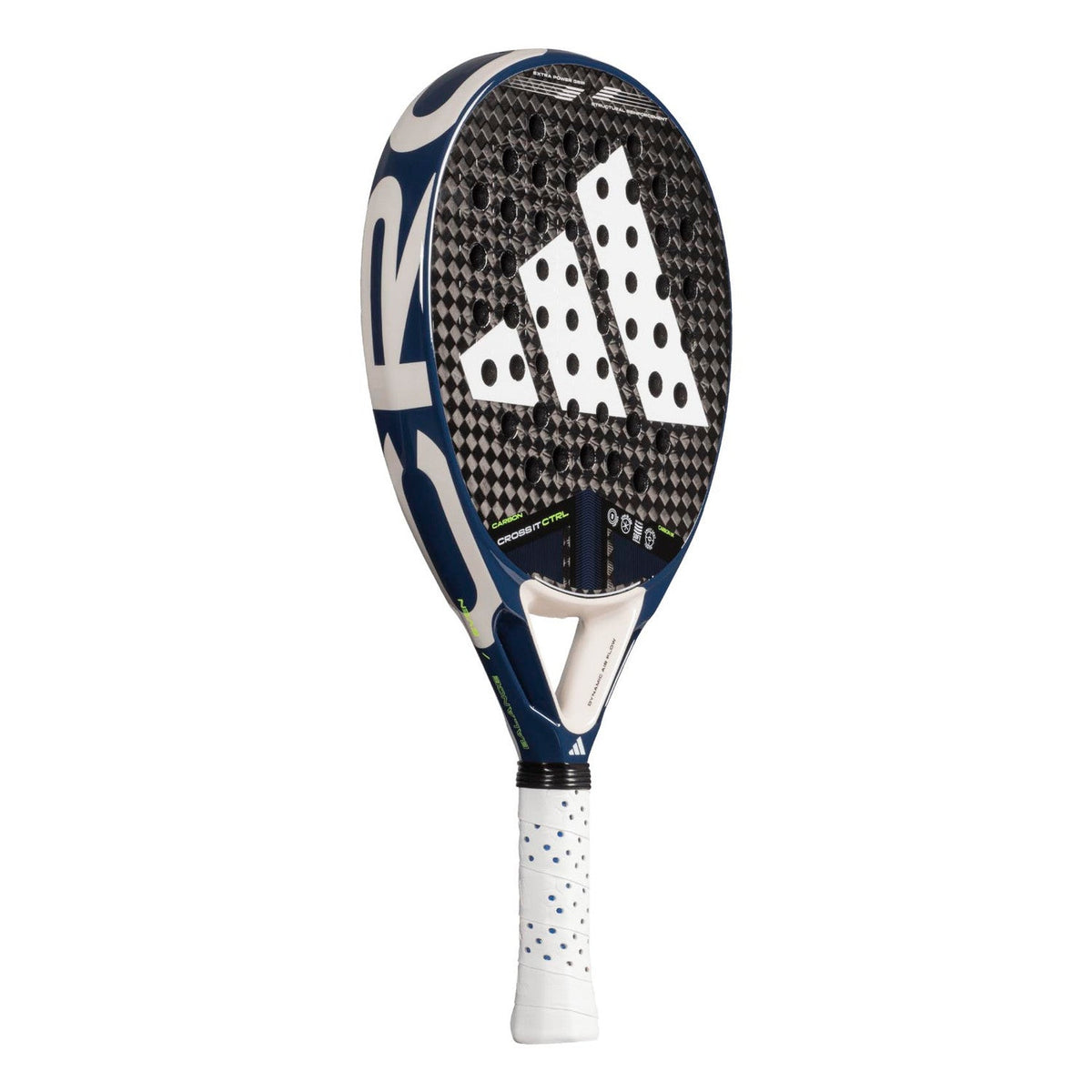 Adidas Cross It Carbon Ctrl 3.4 padelracket schuin vooraanzicht, rondvorm in donkerblauw en wit