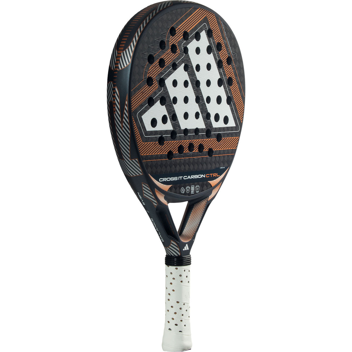 Adidas Cross It Carbon Ctrl 3.5 padelracket schuin vooraanzicht, rondvorm in zwart en koper