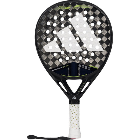 Adidas Cross It Ctrl 3.4 padelracket met zwart-grijs ruitpatroon en limegroene accenten, vooraanzicht