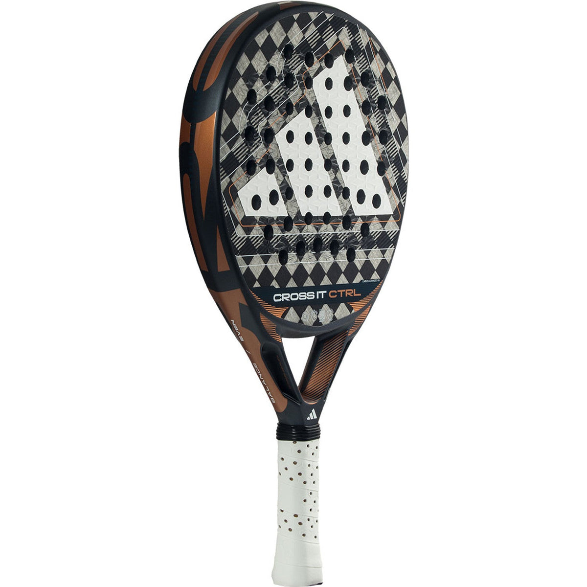 Adidas Cross It Ctrl 3.5 padelracket schuin vooraanzicht, druppelvorm in zwart met koper