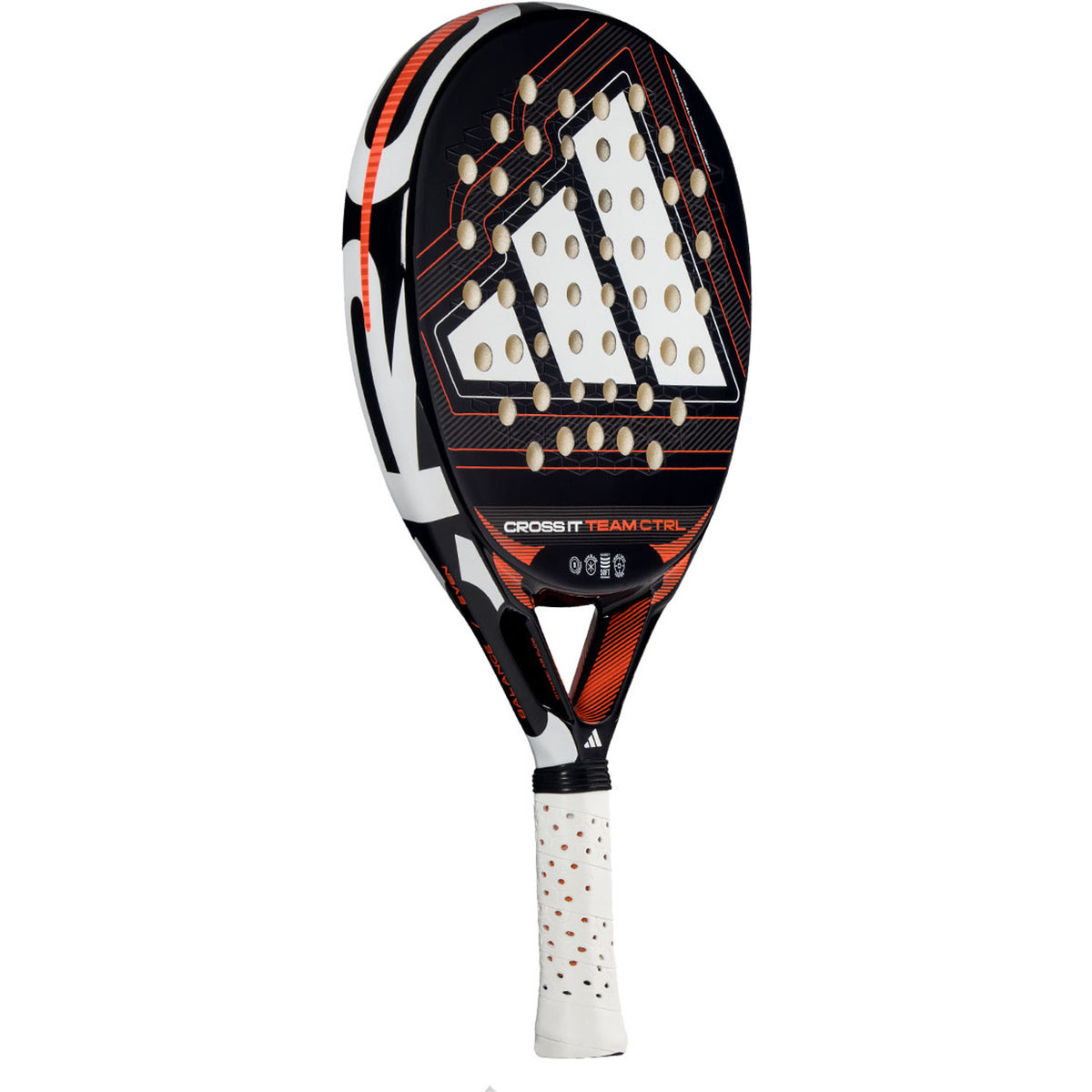 Adidas Cross It Team Ctrl 3.5 2026 padelracket schuin vooraanzicht in zwart, wit en oranje