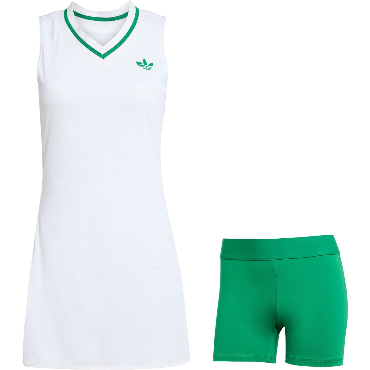 Productfoto van de witte Adidas Dress Pro met groen binnenbroekje ernaast