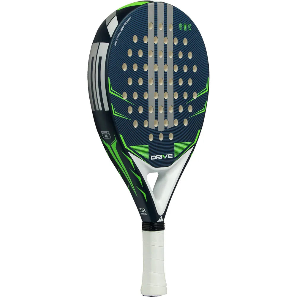 Adidas Drive 3.5 2026 padelracket schuin vooraanzicht, ronde vorm in donkerblauw en groen