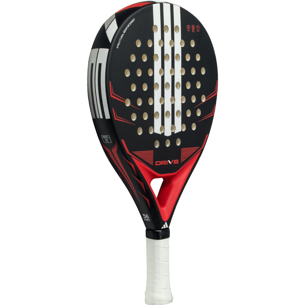 Adidas Drive 3.5 2026 padelracket schuin vooraanzicht in zwart met rode accenten