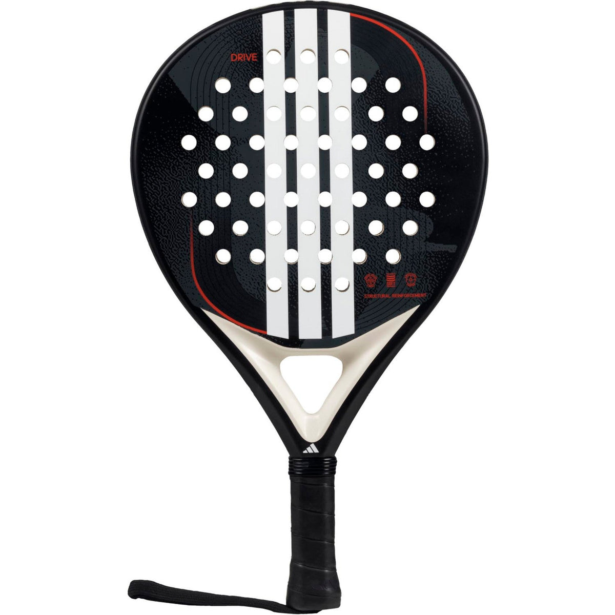 Adidas Drive Black 3.4 padelracket in zwart met gebroken witte strepen, vooraanzicht