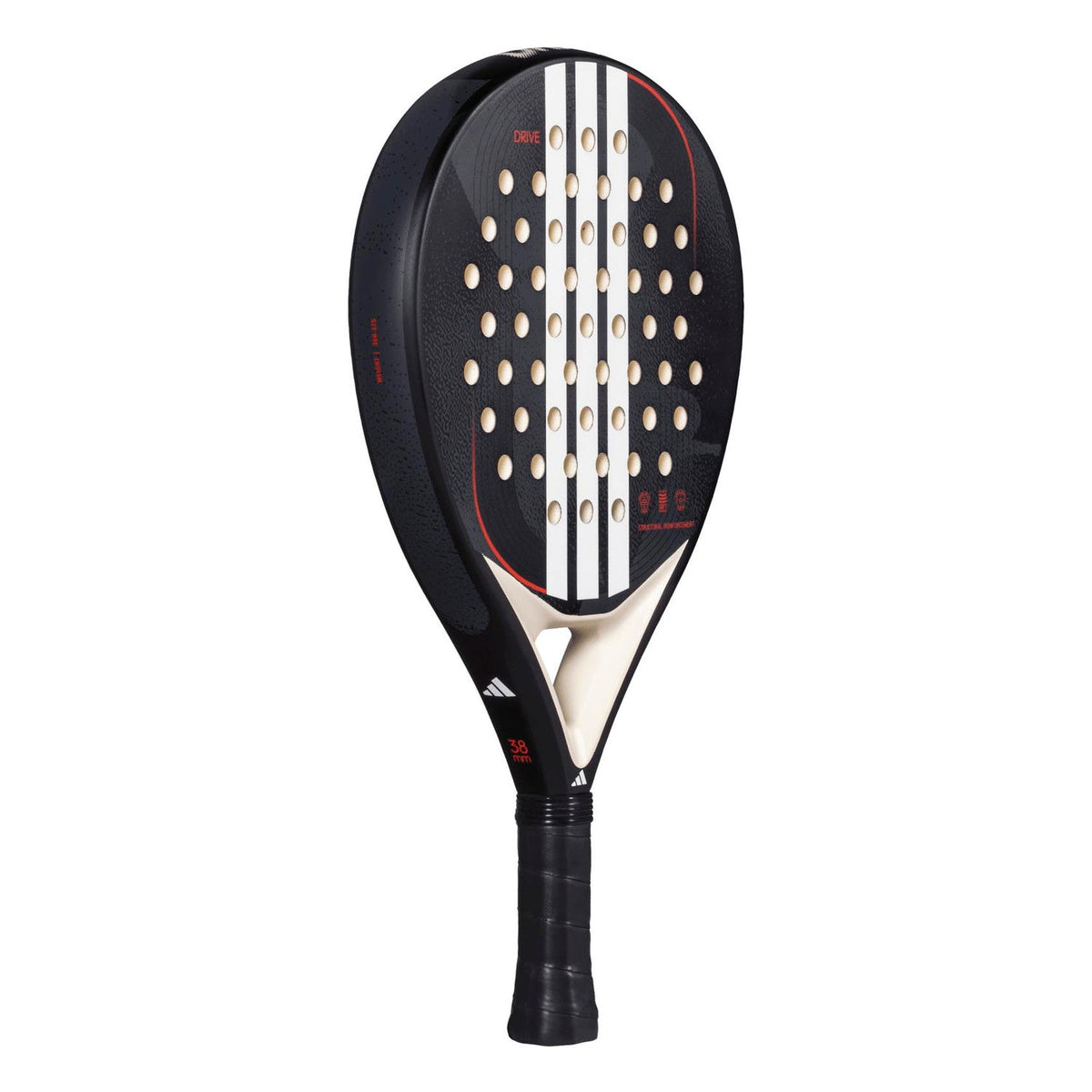 Adidas Drive Black 3.4 padelracket schuin vooraanzicht, rondvorm in zwart met beige