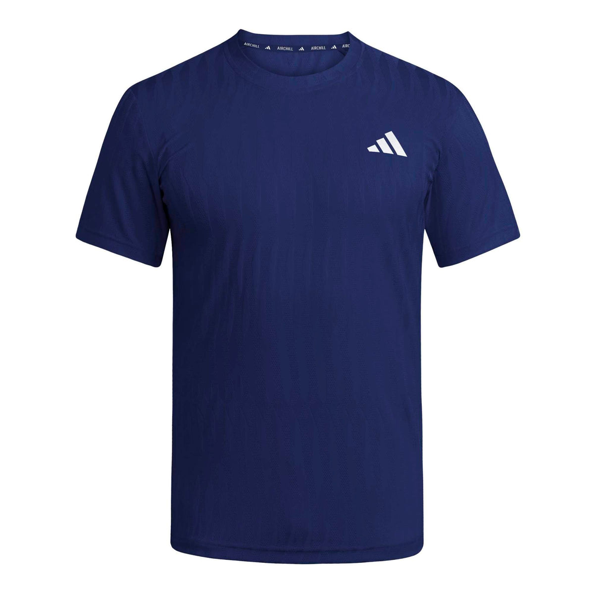 Adidas Freelift T-shirt in donkerblauw met logo, plat vooraanzicht