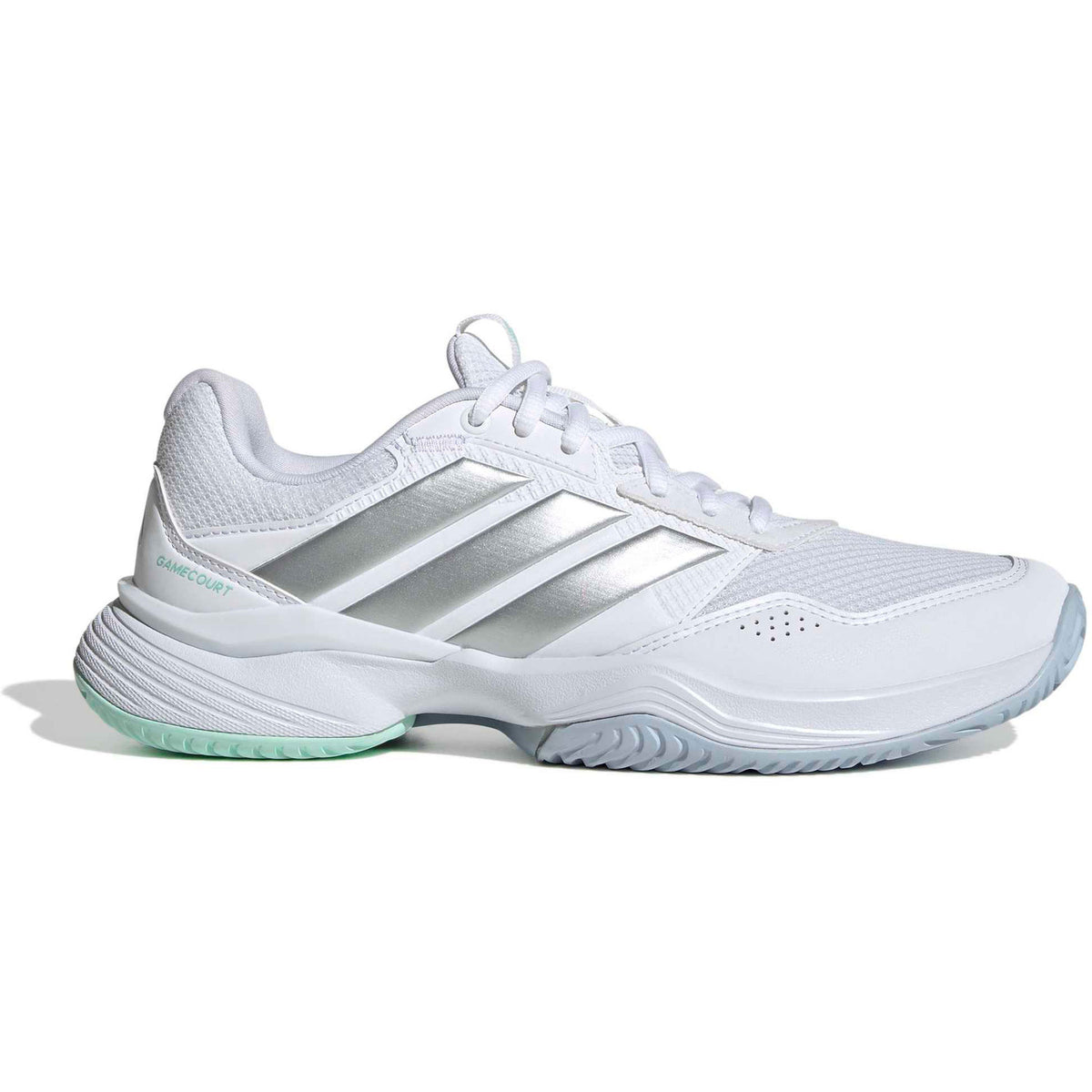 Adidas Gamecourt 3 W damespadelschoen in wit met zilveren strepen, zijaanzicht