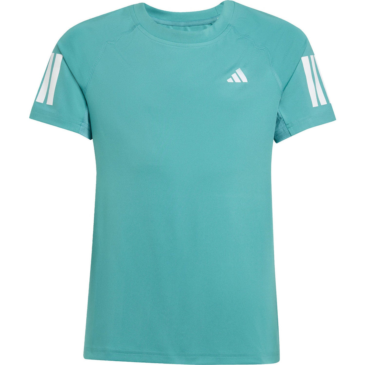 Vooraanzicht van het turquoise Adidas Girls Club T-shirt met witte strepen op de mouwen